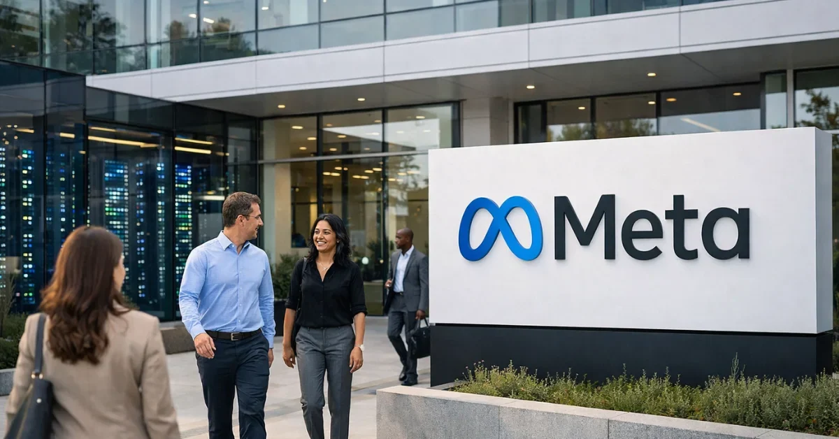 Hyper-realistic news-style image of a modern Meta office exterior with people outside and subtle AI server infrastructure elements in view.