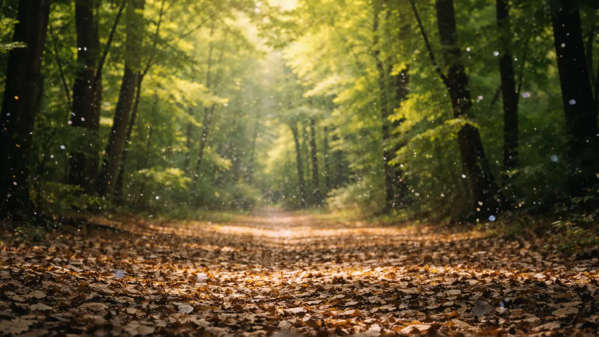 Deciduous forest canopy and leaf-covered ground with tiny airborne particles visible in natural daylight