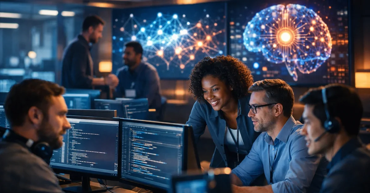 A modern high-tech corporate office where developers work alongside digital displays showing artificial intelligence networks and data connections.