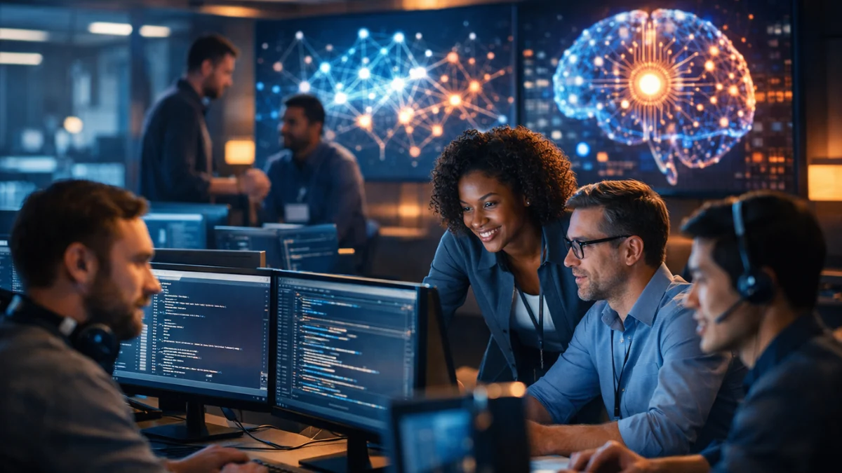 A modern high-tech corporate office where developers work alongside digital displays showing artificial intelligence networks and data connections.