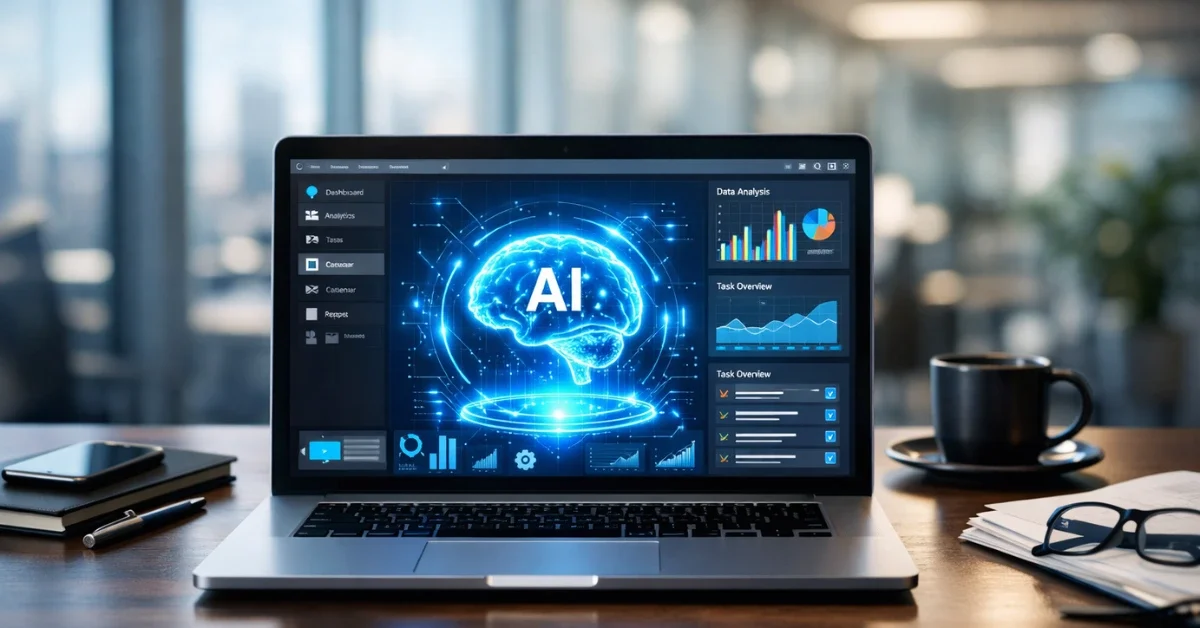 A sleek laptop on a modern office desk displaying an advanced AI interface for business productivity.