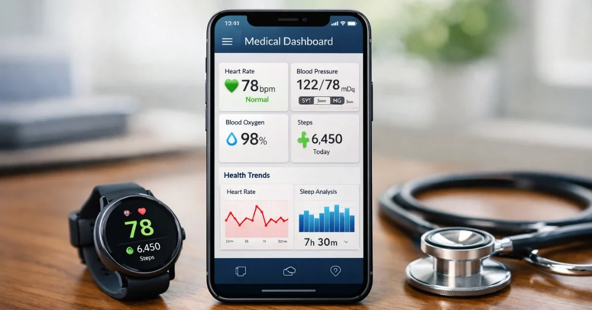 A modern smartphone displaying a digital medical dashboard, resting on a desk next to a smartwatch and stethoscope.