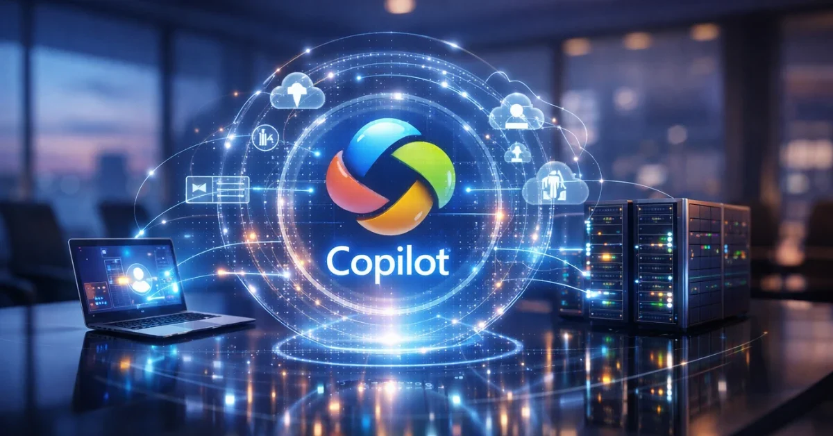 A glowing holographic interface connecting enterprise and consumer technology in a modern corporate boardroom, representing the unified Microsoft Copilot AI system.