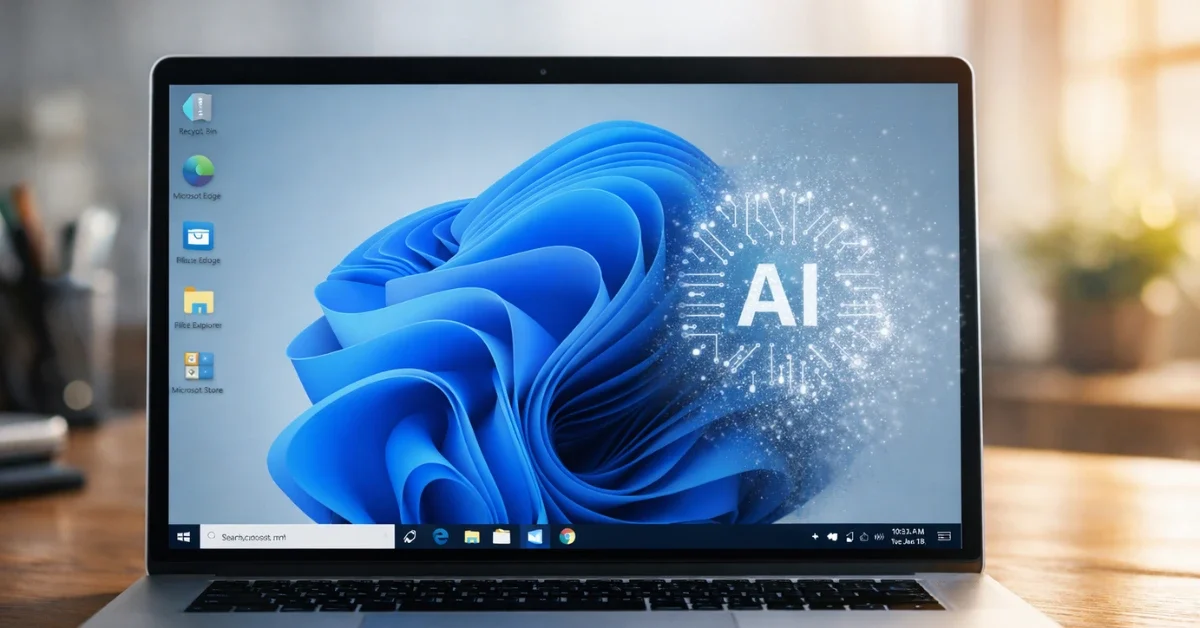 A sleek laptop on a wooden desk displaying a Windows 11 desktop with a fading artificial intelligence icon.