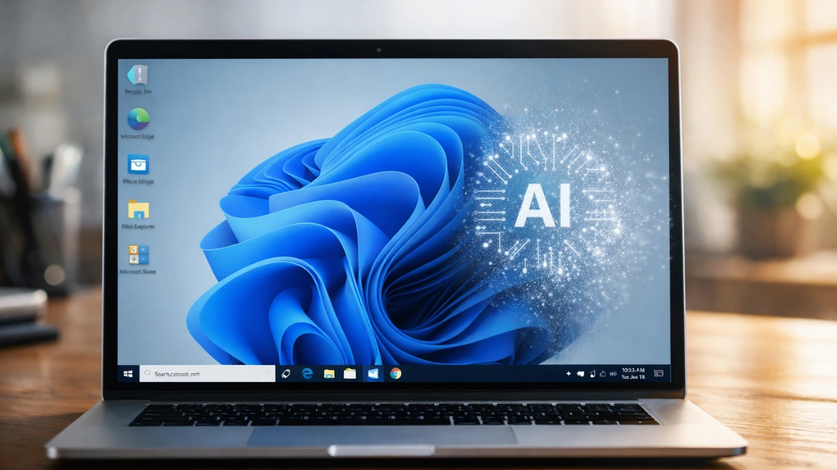 A sleek laptop on a wooden desk displaying a Windows 11 desktop with a fading artificial intelligence icon.