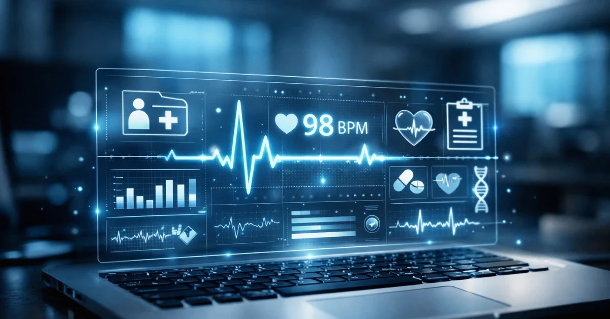 A sleek modern laptop displaying a glowing, futuristic interface with health data, heart rate lines, and medical icons in a high-tech office environment.