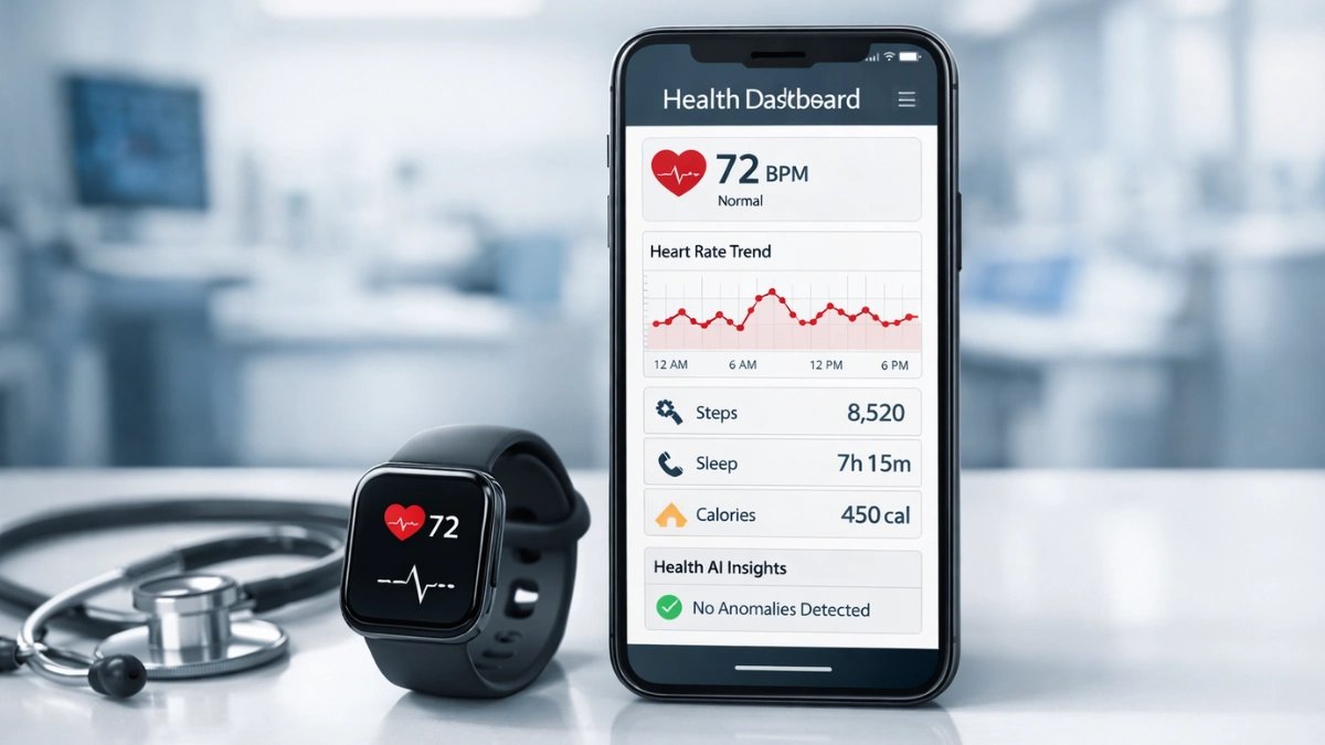 A sleek smartphone displaying a digital health dashboard with medical charts and data, resting on a white desk next to a modern smartwatch and blurred stethoscope.