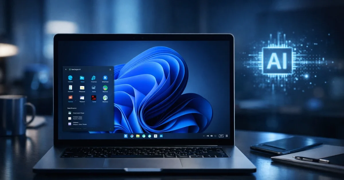 A sleek modern laptop displaying the Windows 11 desktop in a softly lit contemporary office setting, representing Microsoft's latest performance updates.