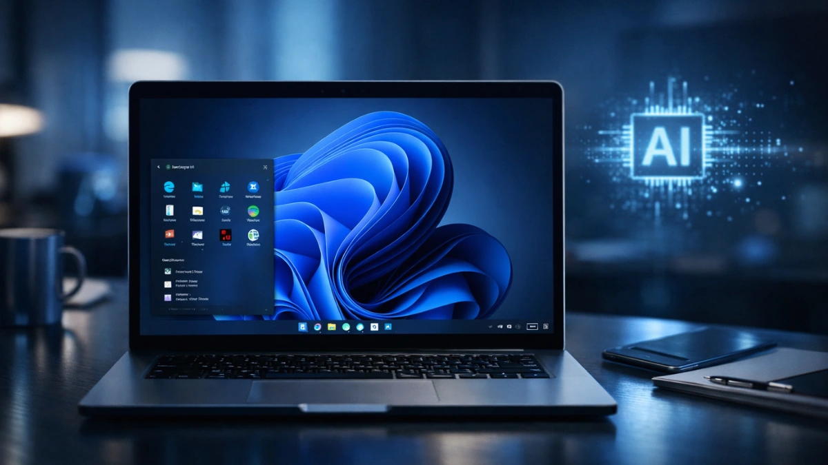 A sleek modern laptop displaying the Windows 11 desktop in a softly lit contemporary office setting, representing Microsoft's latest performance updates.