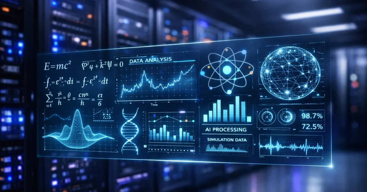 A glowing holographic display showing mathematical equations and scientific charts in a modern, brightly lit server room.