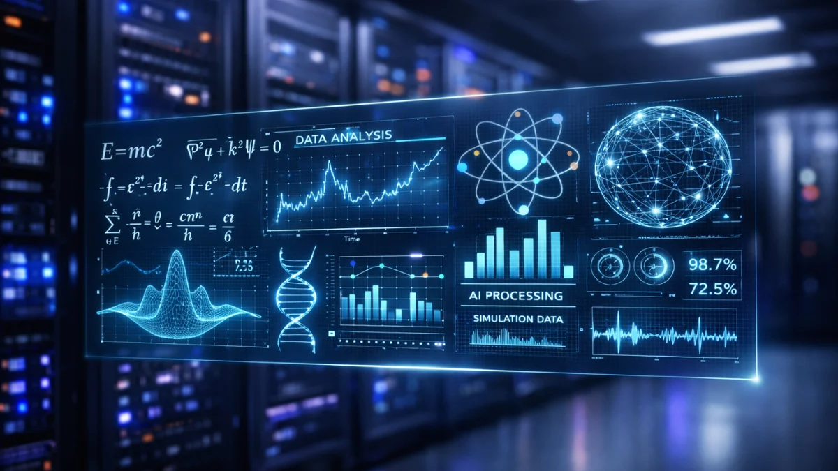 A glowing holographic display showing mathematical equations and scientific charts in a modern, brightly lit server room.