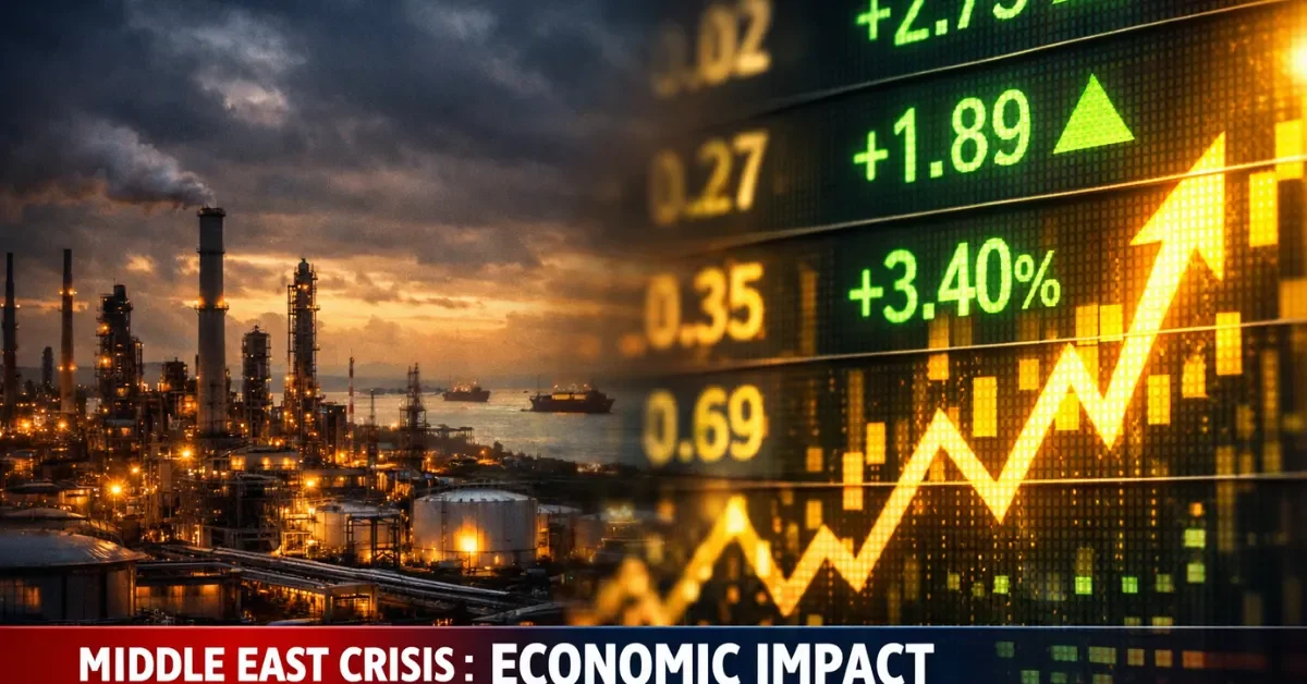 A split-screen digital rendering showing an oil refinery at dusk alongside a glowing green and gold stock market ticker, illustrating the surge in commodity prices.