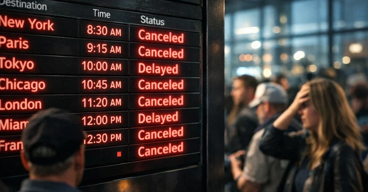 A modern airport departure board displaying red canceled flight statuses with blurred travelers in the background.