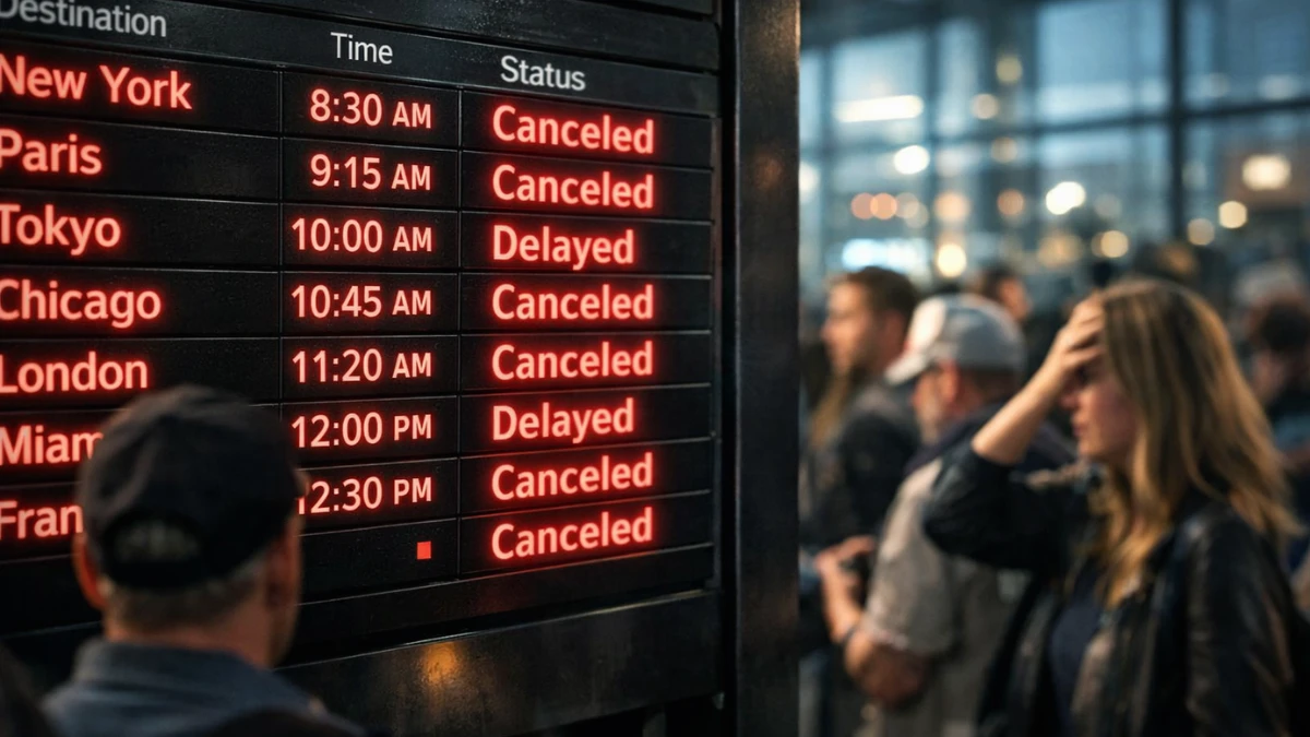 A modern airport departure board displaying red canceled flight statuses with blurred travelers in the background.