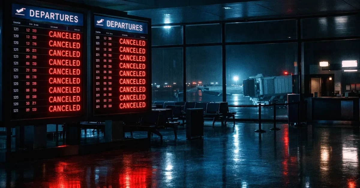 A deserted airport terminal at night with brightly illuminated departure boards displaying canceled flights in red text.