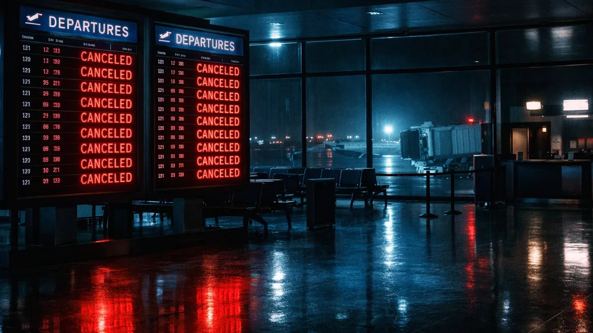 A deserted airport terminal at night with brightly illuminated departure boards displaying canceled flights in red text.