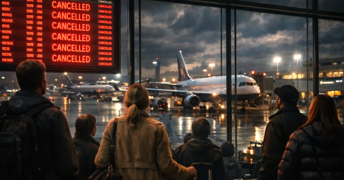 Travelers look at glowing red flight cancellation boards inside a busy airport terminal at night, with grounded airplanes visible through the windows.