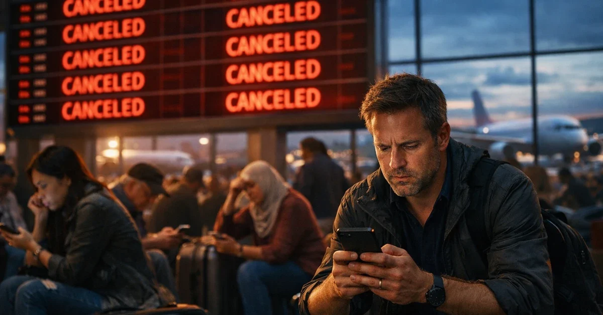 Stranded passengers in a crowded modern airport terminal look at red flight cancellation boards following massive global travel disruptions.