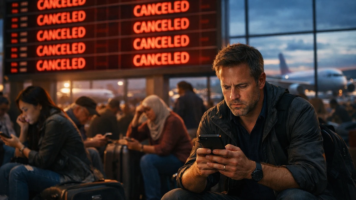 Stranded passengers in a crowded modern airport terminal look at red flight cancellation boards following massive global travel disruptions.