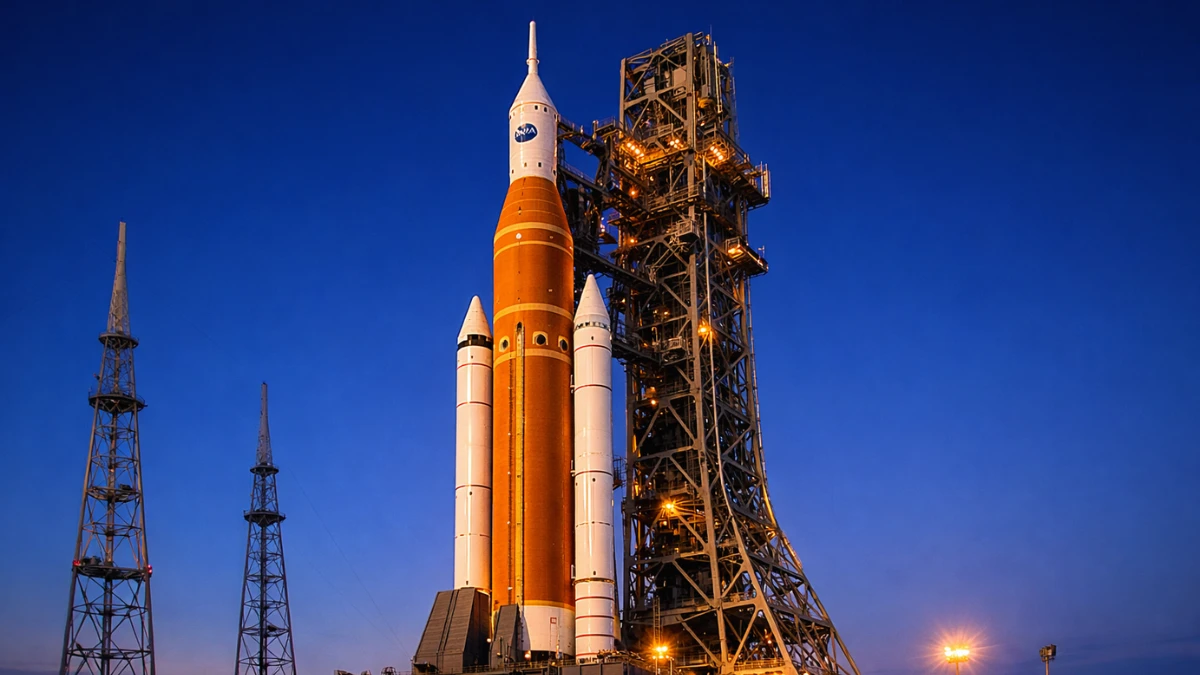 The NASA Space Launch System rocket standing on a launch pad at the Kennedy Space Center during dusk.