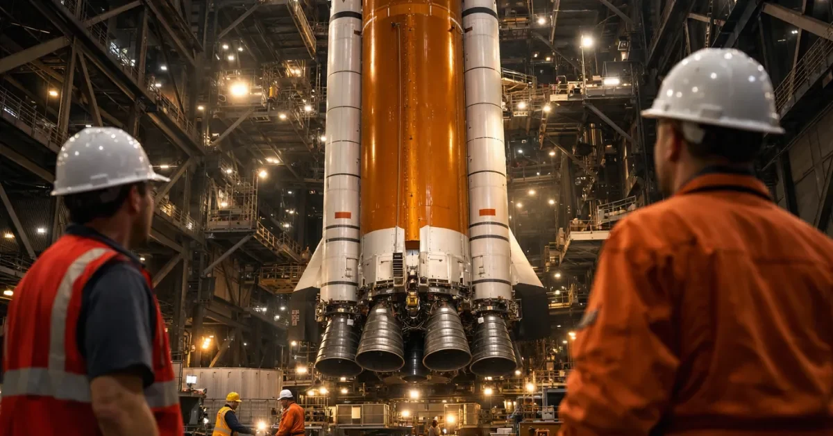 NASA engineers perform maintenance on the towering Space Launch System rocket inside the Vehicle Assembly Building ahead of the Artemis II mission.