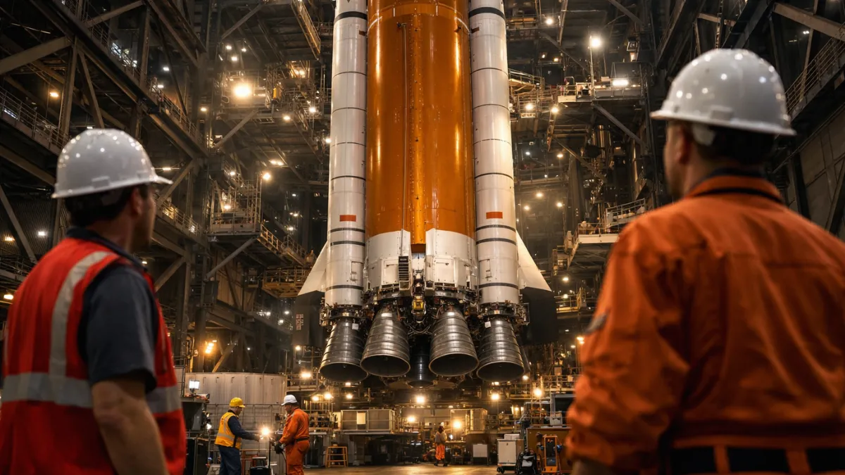 NASA engineers perform maintenance on the towering Space Launch System rocket inside the Vehicle Assembly Building ahead of the Artemis II mission.