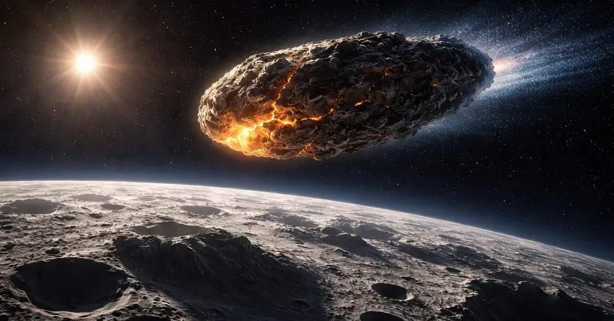 A highly realistic depiction of Asteroid 2024 YR4 flying safely past the cratered surface of the moon against a starry space background.