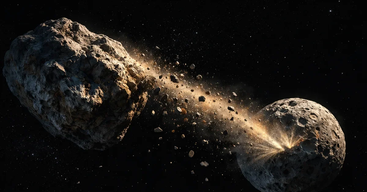 A large asteroid in deep space shedding a trail of rocky debris and dust that slowly drifts toward a smaller orbiting asteroid moon.