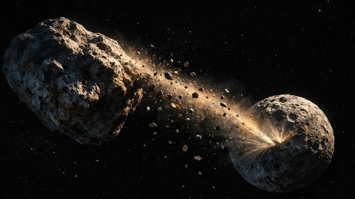 A large asteroid in deep space shedding a trail of rocky debris and dust that slowly drifts toward a smaller orbiting asteroid moon.