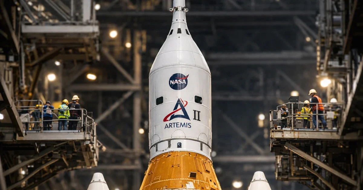 The Artemis II Space Launch System rocket undergoes repairs and maintenance inside NASA's Vehicle Assembly Building ahead of its targeted April launch.