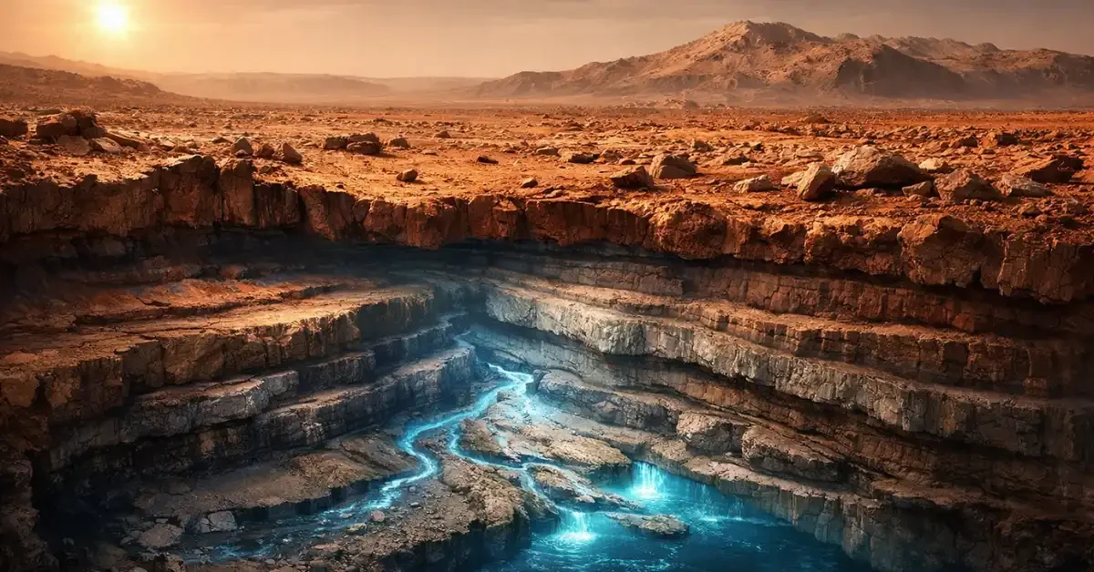 A cross-section view of the Martian landscape revealing an ancient river delta system buried deep beneath the red, rocky surface of Jezero Crater.