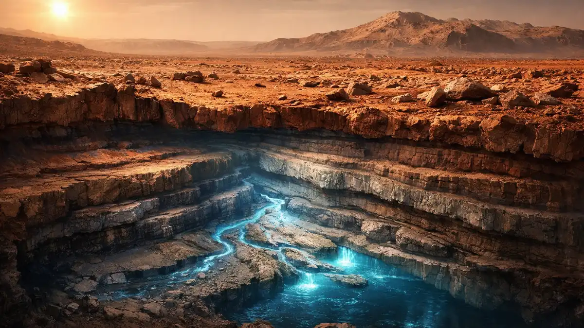 A cross-section view of the Martian landscape revealing an ancient river delta system buried deep beneath the red, rocky surface of Jezero Crater.