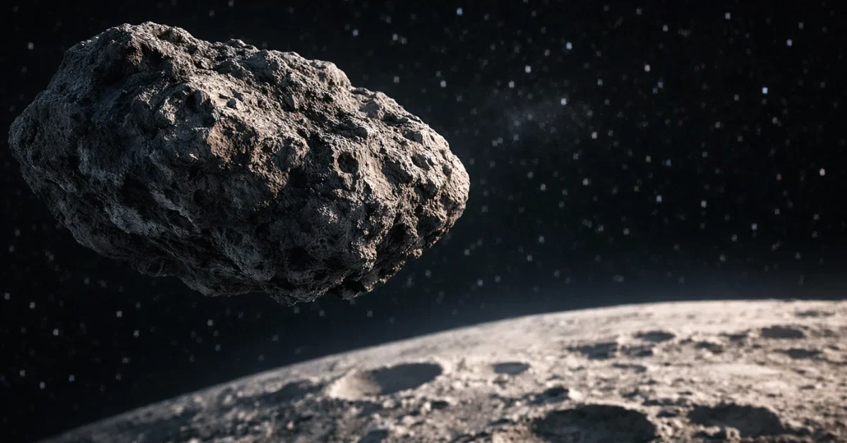 A hyper-realistic illustration of asteroid 2024 YR4 safely flying past the cratered surface of the moon in deep space.