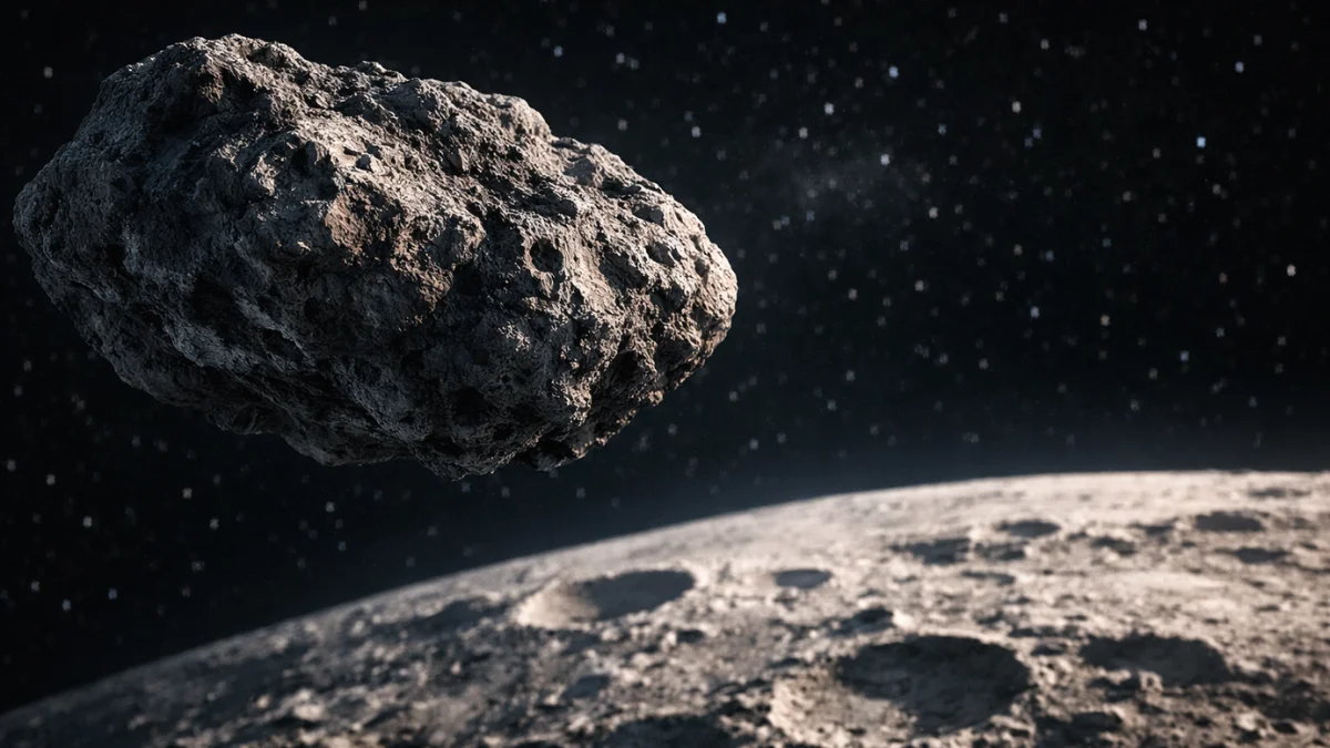 A hyper-realistic illustration of asteroid 2024 YR4 safely flying past the cratered surface of the moon in deep space.