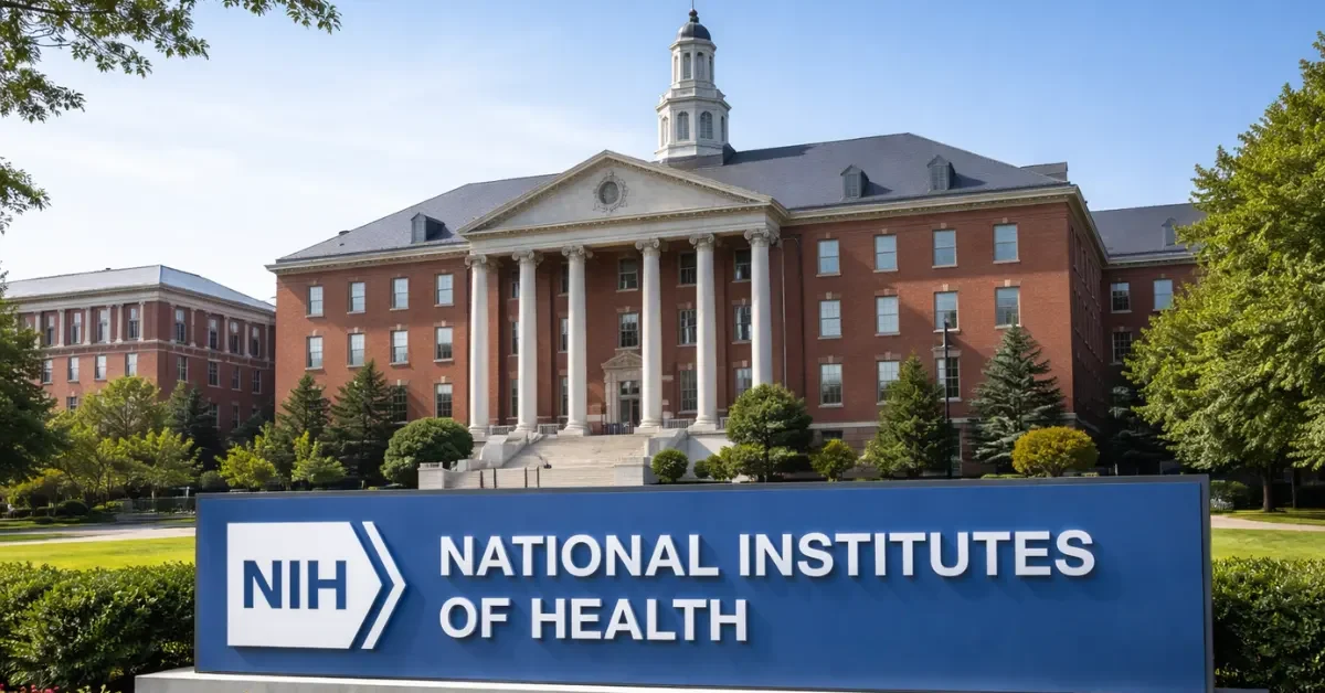 The exterior of the National Institutes of Health headquarters building in Bethesda, Maryland, featuring its classic brick architecture under a clear bright blue sky.