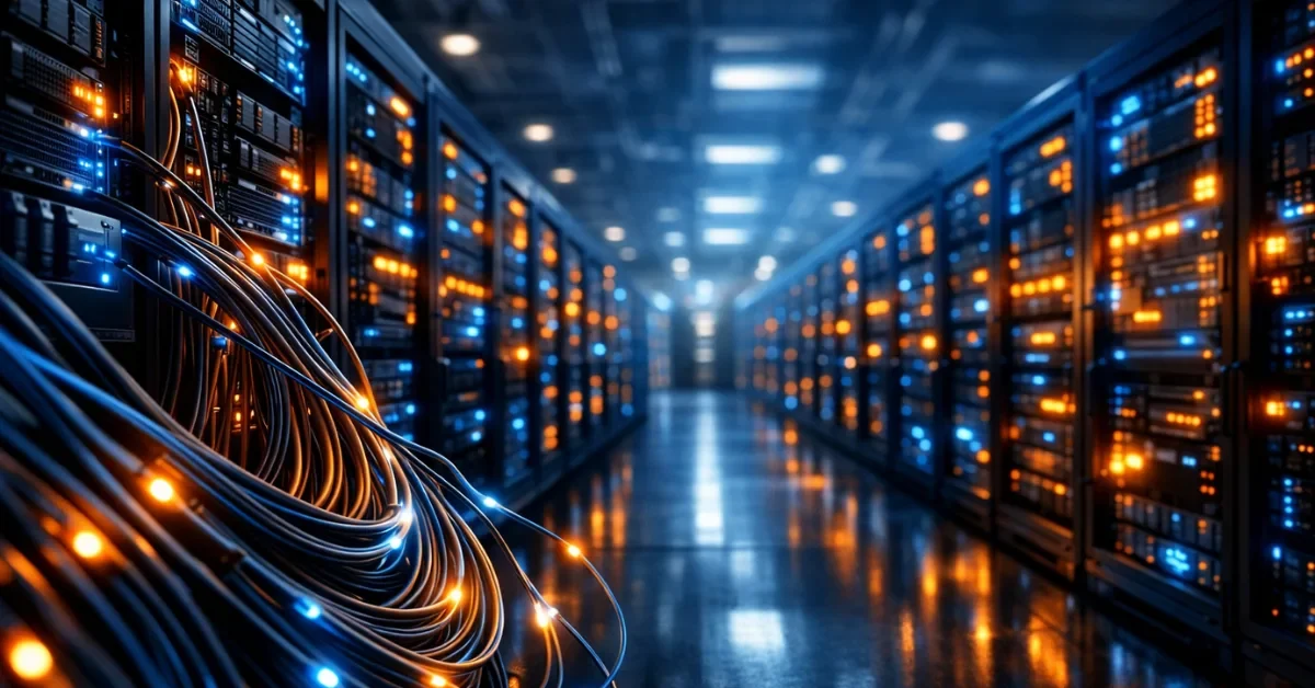 Interior of a high-tech AI data center with illuminated server racks and fiber optic cables, representing NVIDIA's $4 billion strategic investment in optical networking infrastructure with Coherent and Lumentum.