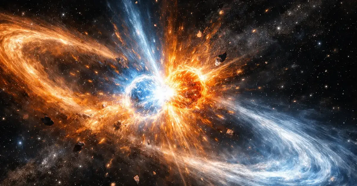 An illustration of two glowing neutron stars colliding and emitting a bright burst of light within a massive stream of cosmic gas and dust.