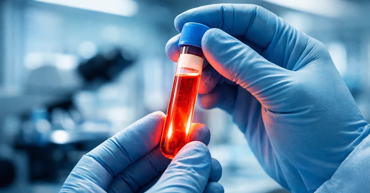 A medical professional wearing blue gloves holds a glowing blood sample vial in a modern clinical laboratory setting.