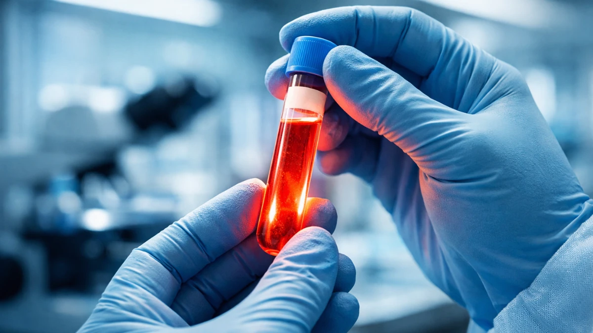 A medical professional wearing blue gloves holds a glowing blood sample vial in a modern clinical laboratory setting.