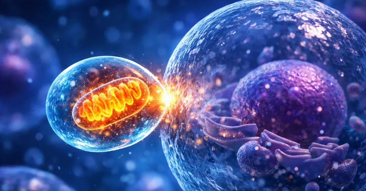 A microscopic view of a glowing mitochondrial capsule entering a human cell in a high-tech medical environment.