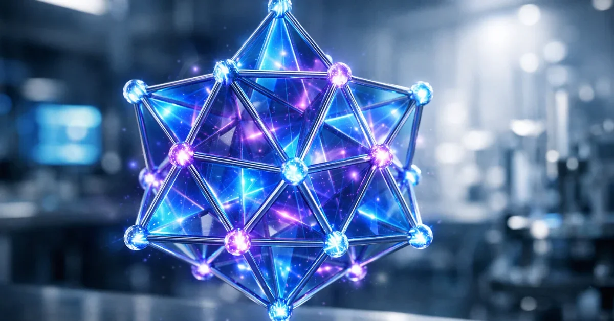 A glowing microscopic crystal lattice structure highlighting atomic bonds and triangular geometry in a futuristic laboratory setting.