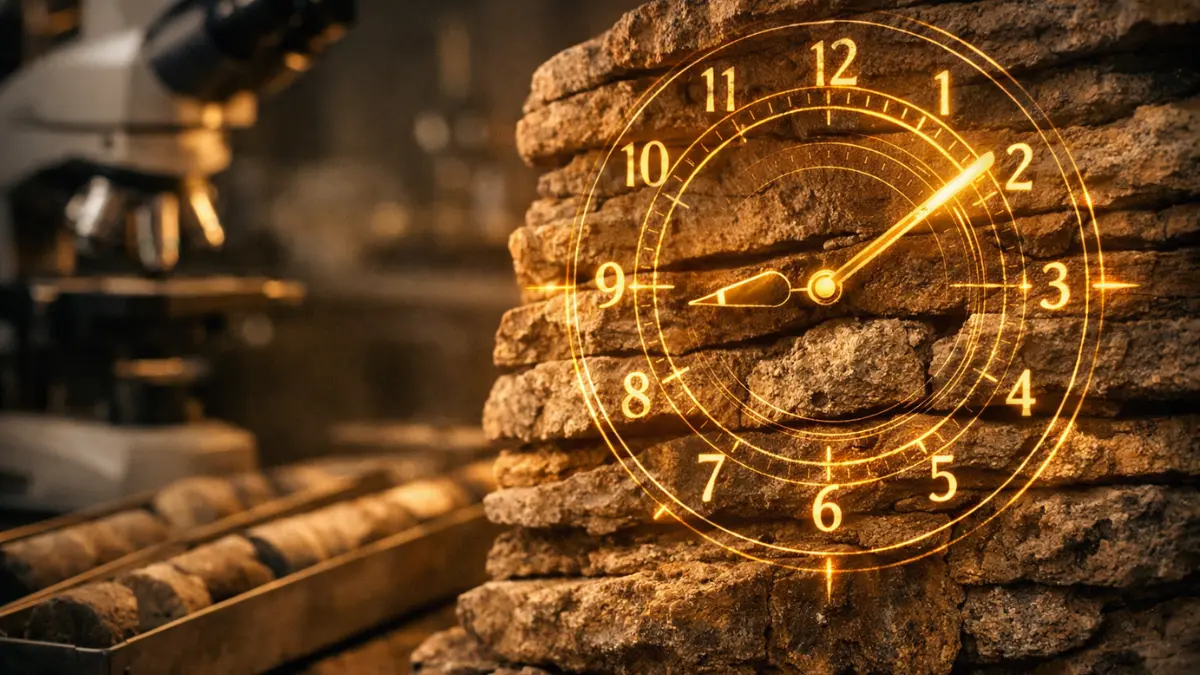 Close-up of ancient sedimentary rock layers with a glowing clock dial overlay, resting on a laboratory table alongside geological drill cores.