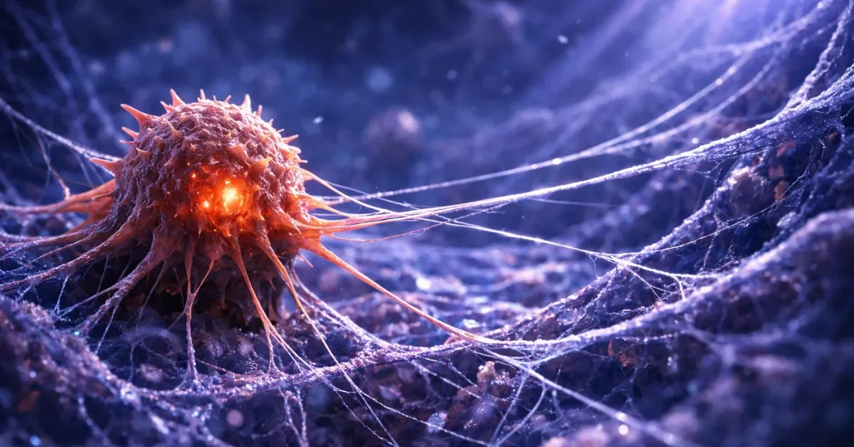 A highly detailed microscopic 3D render of a glowing cell extending fibers into a surrounding structural matrix, illustrating depth mechano-sensing.