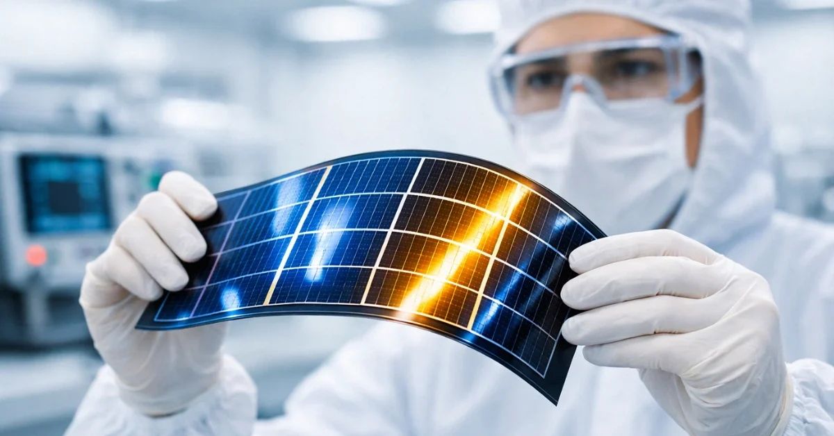 A sleek, flexible next-generation solar cell being examined in a bright, modern scientific laboratory.