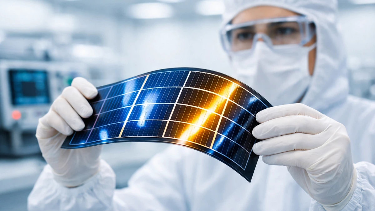 A sleek, flexible next-generation solar cell being examined in a bright, modern scientific laboratory.