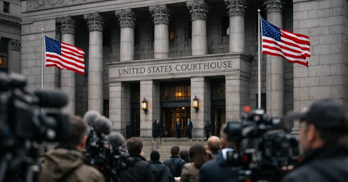A grand federal courthouse in Manhattan with imposing stone pillars and American flags, surrounded by a crowd of news reporters and camera crews behind barricades.