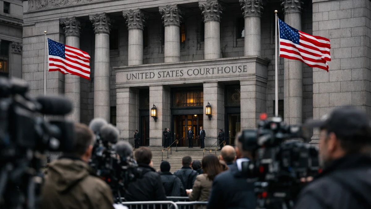 A grand federal courthouse in Manhattan with imposing stone pillars and American flags, surrounded by a crowd of news reporters and camera crews behind barricades.