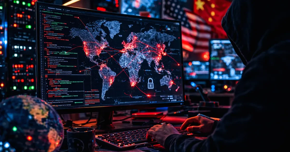 A shadowy workspace featuring glowing computer screens displaying code and a world map, representing international cyber espionage and remote IT networks.
