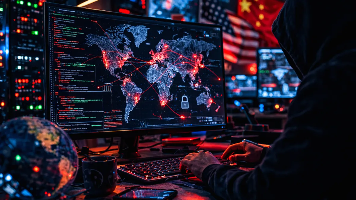 A shadowy workspace featuring glowing computer screens displaying code and a world map, representing international cyber espionage and remote IT networks.