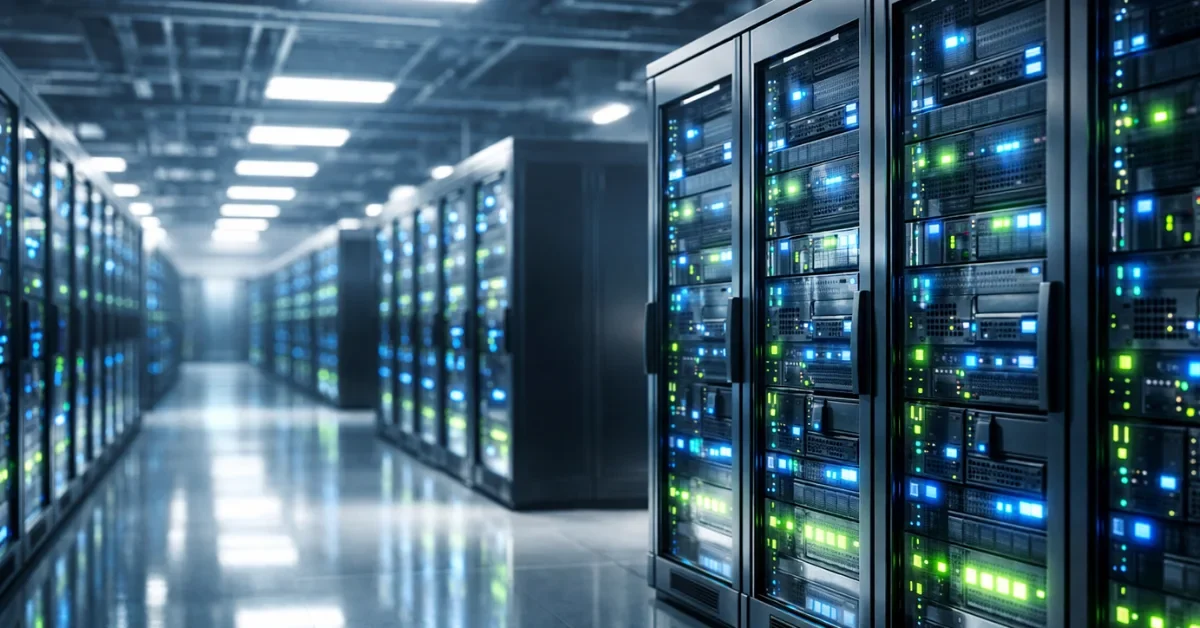 A pristine, high-tech artificial intelligence data center with rows of illuminated server racks.